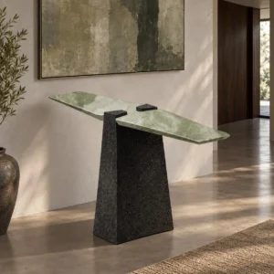 Exhuma Cast Metal Console on Carved Volcanic Stone Base in olive — front view