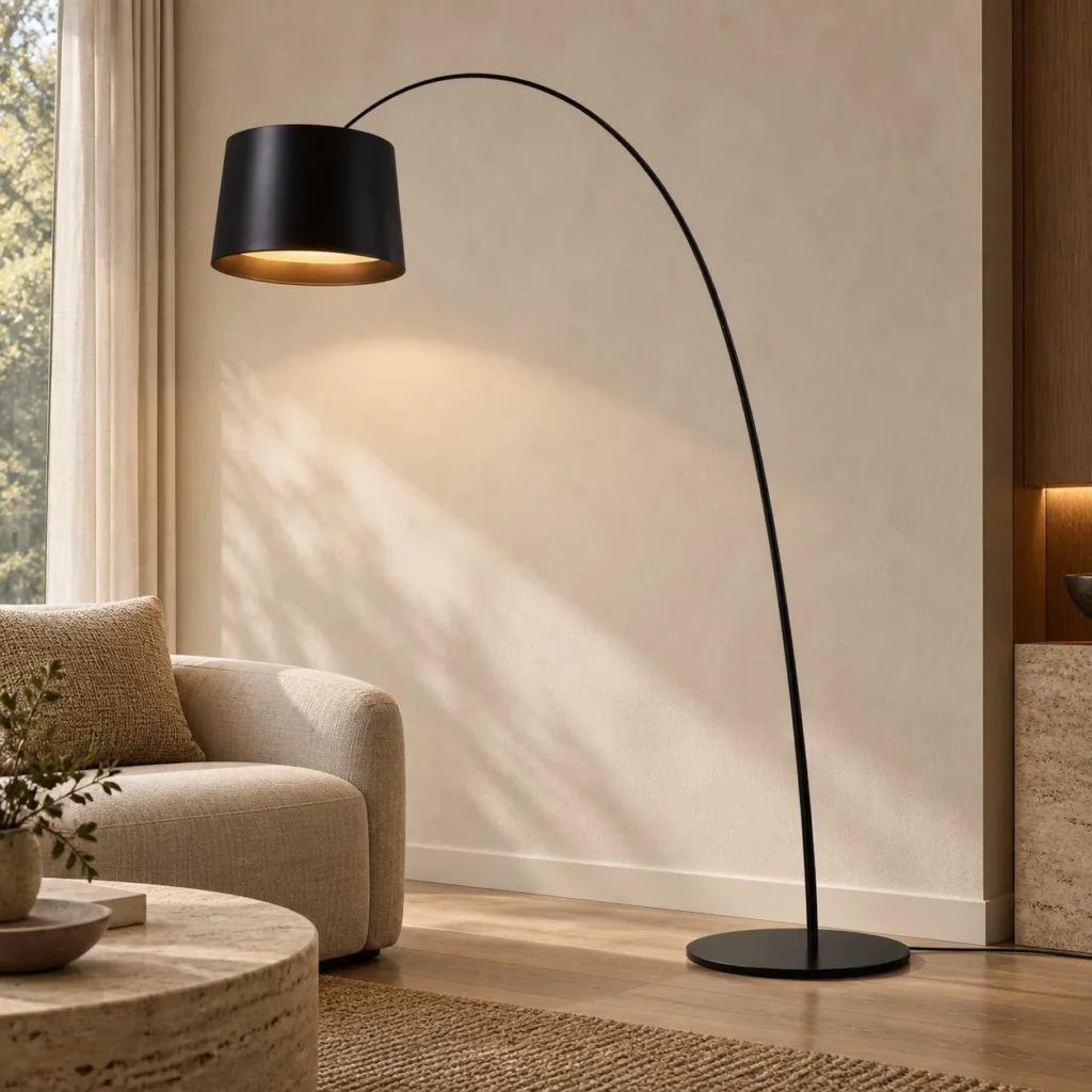 Extra-Long Black Arc Floor Lamp with Drum Shade in black — front view