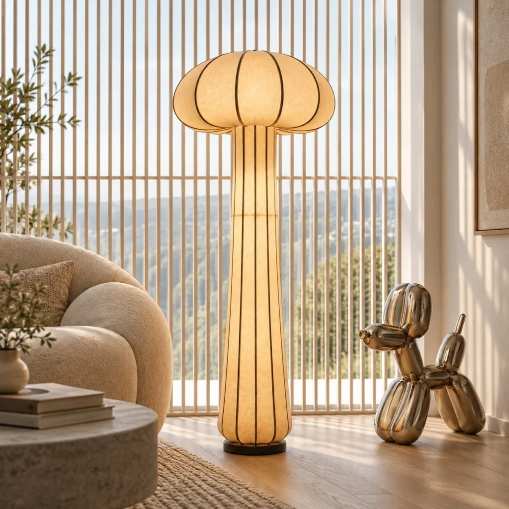 Pleated Fabric Mushroom Floor Lamp, Collection of Four Forms in oatmeal — front view
