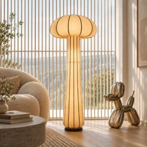 Pleated Fabric Mushroom Floor Lamp, Collection of Four Forms in oatmeal — front view