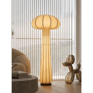 Pleated Fabric Mushroom Floor Lamp, Collection of Four Forms in oatmeal — in a room setting