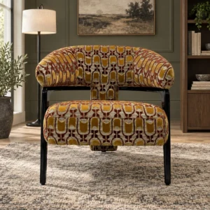 Retro Geometric Jacquard Lounge Chair on Black Frame in mustard — front view