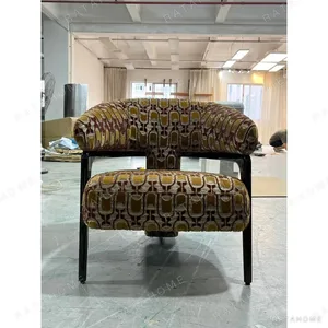 Retro Geometric Jacquard Lounge Chair on Black Frame in mustard — in a room setting