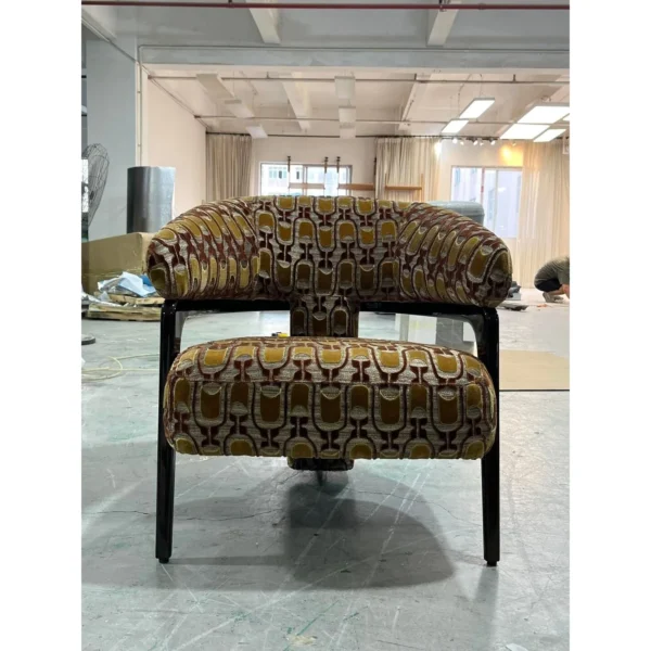 Retro Geometric Jacquard Lounge Chair on Black Frame in mustard — in a room setting