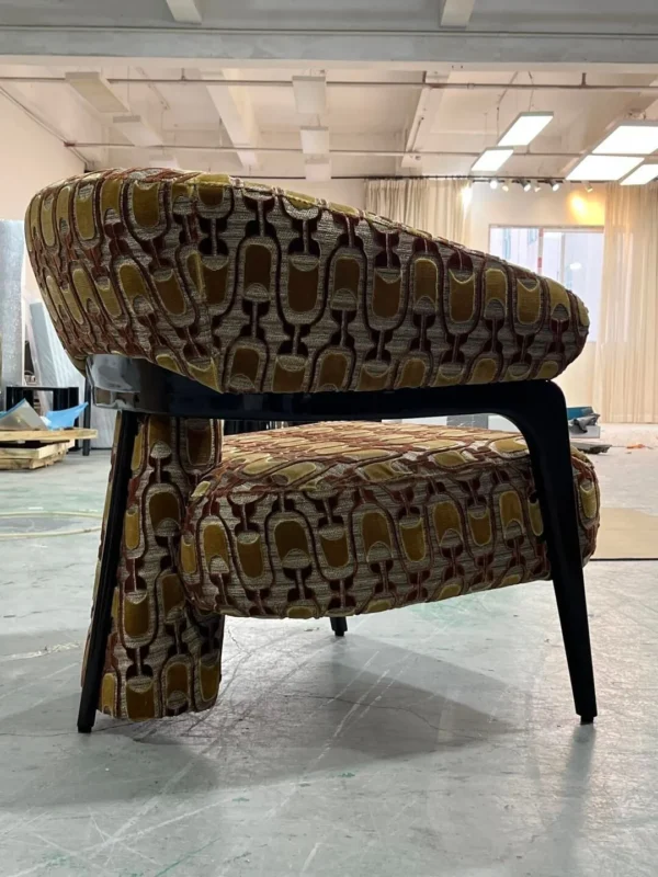 Retro Geometric Jacquard Lounge Chair on Black Frame in mustard — in a room setting