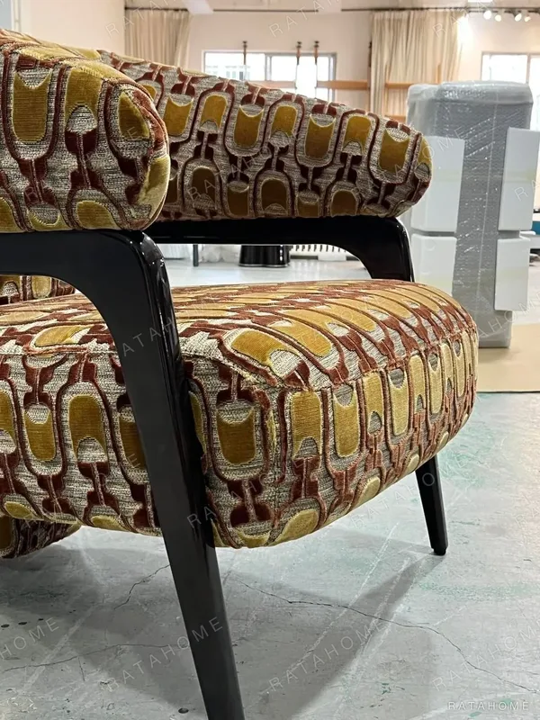 Retro Geometric Jacquard Lounge Chair on Black Frame in mustard — detail