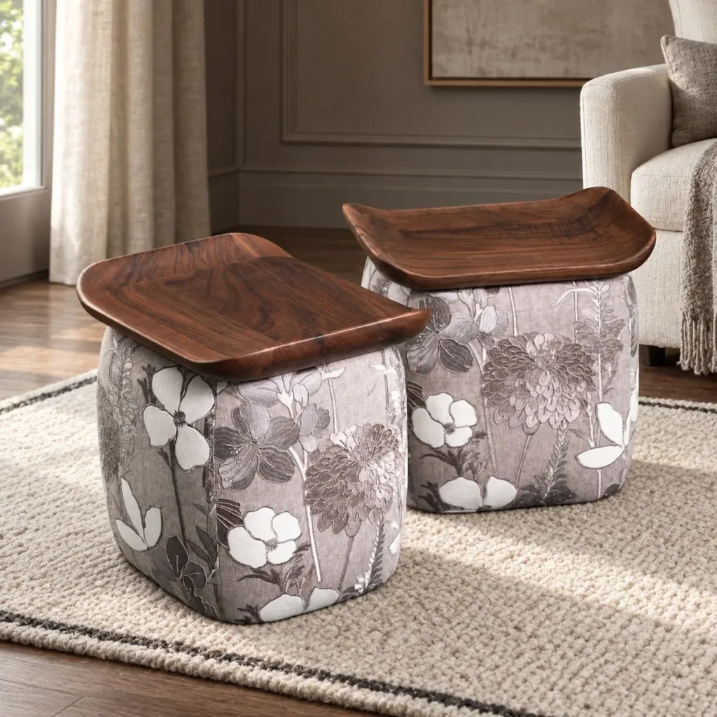 Floral Upholstered Tea Stool with Walnut Saddle Top in slate — front view