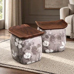 Floral Upholstered Tea Stool with Walnut Saddle Top in slate — front view