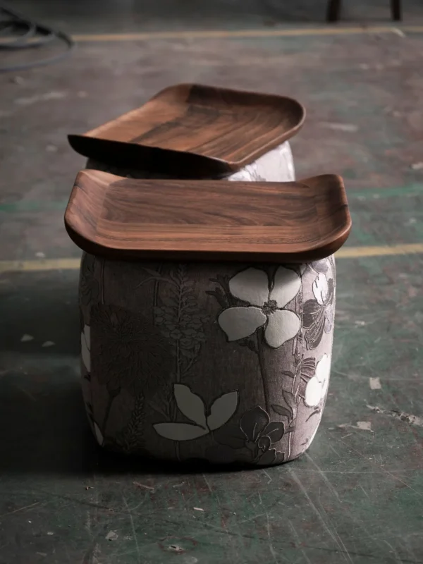 Floral Upholstered Tea Stool with Walnut Saddle Top in slate — detail