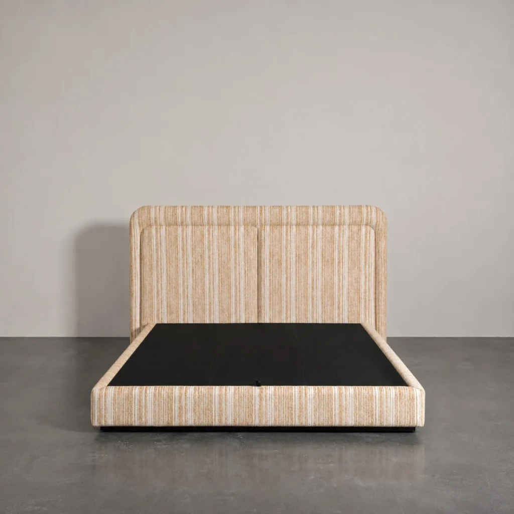 Striped Fabric Floating Bed with Channel-Tufted Headboard in sand — front view