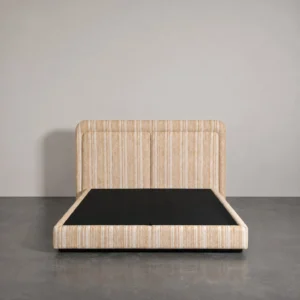 Striped Fabric Floating Bed with Channel-Tufted Headboard in sand — front view