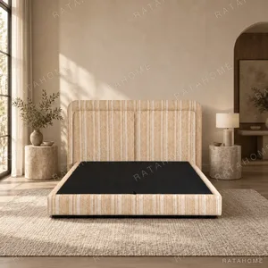 Striped Fabric Floating Bed with Channel-Tufted Headboard in sand — in a room setting