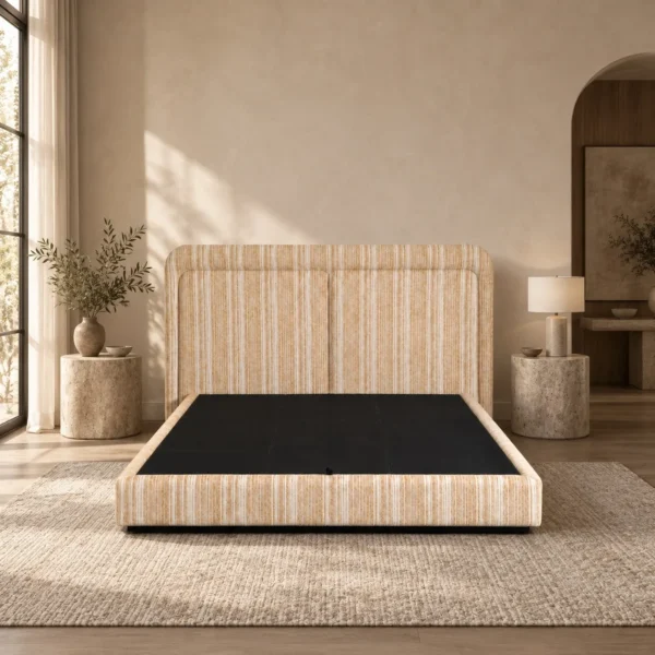Striped Fabric Floating Bed with Channel-Tufted Headboard in sand — in a room setting