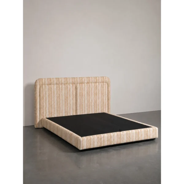 Striped Fabric Floating Bed with Channel-Tufted Headboard in sand — in a room setting