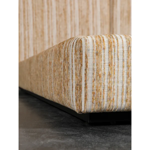 Striped Fabric Floating Bed with Channel-Tufted Headboard in sand — in a room setting