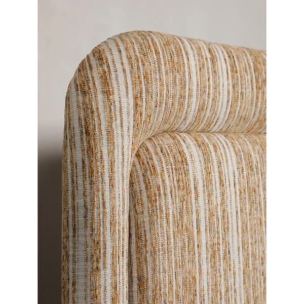 Striped Fabric Floating Bed with Channel-Tufted Headboard in sand — in a room setting