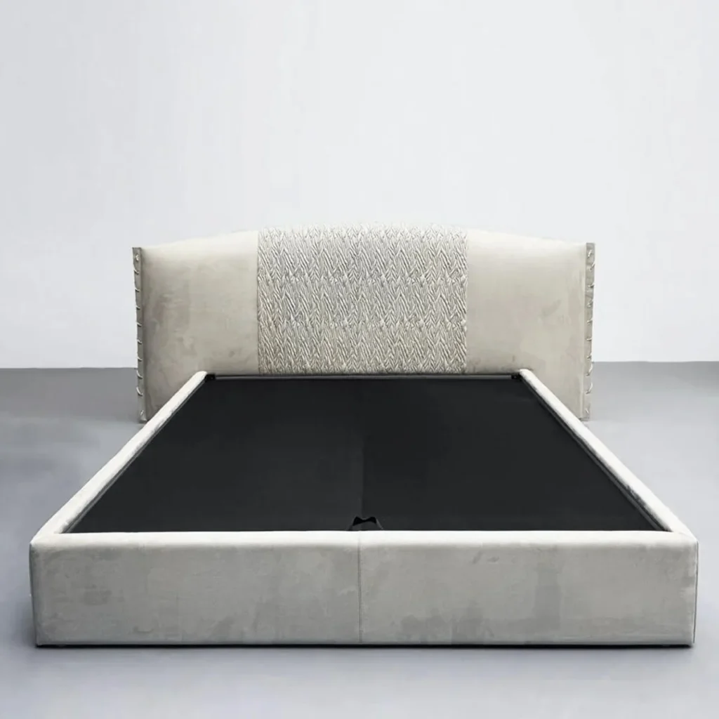 Hand-Woven Suede Headboard Bed with Stud Trim in oatmeal — front view