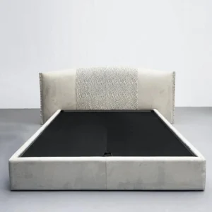Hand-Woven Suede Headboard Bed with Stud Trim in oatmeal — front view