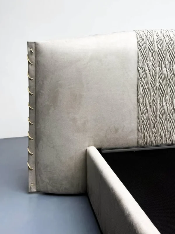 Hand-Woven Suede Headboard Bed with Stud Trim in oatmeal — detail