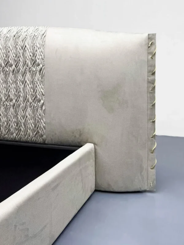 Hand-Woven Suede Headboard Bed with Stud Trim in oatmeal — detail