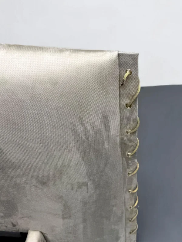 Hand-Woven Suede Headboard Bed with Stud Trim in oatmeal — detail