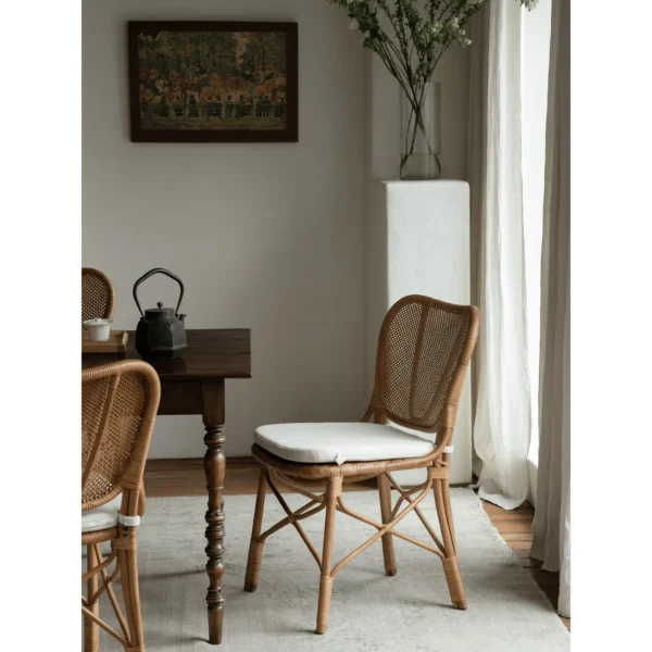 Fan-Back Rattan Chair with Seat Cushion in clay — in a room setting