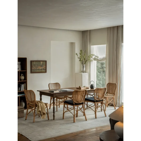 Fan-Back Rattan Chair with Seat Cushion in clay — in a room setting