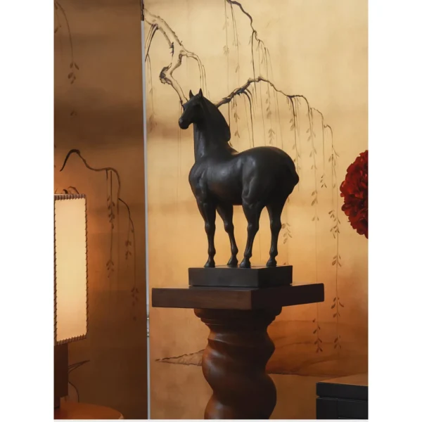 Jade-Effect Black Standing Horse Sculpture in black — in a room setting