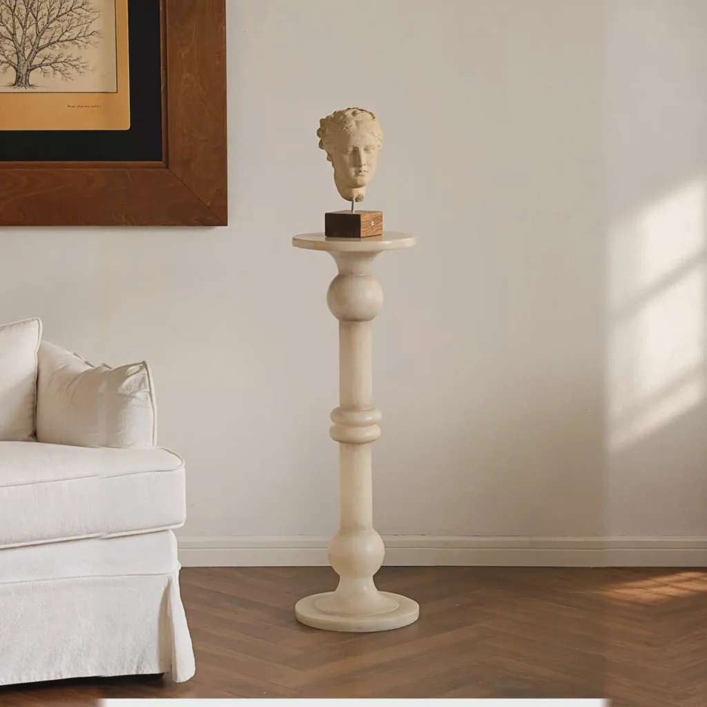 French Vintage Faux Jade Candlestick Column Pedestal in oatmeal — front view