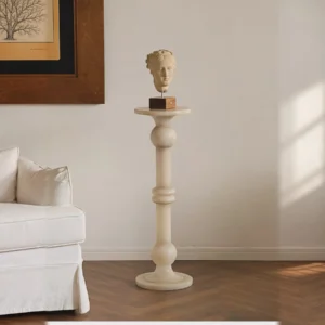 French Vintage Faux Jade Candlestick Column Pedestal in oatmeal — front view