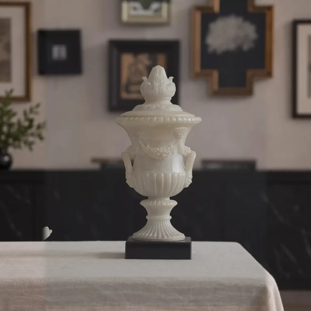 Jade-Effect Neoclassical Carved Lidded Urn with Lotus Finial in ivory — front view