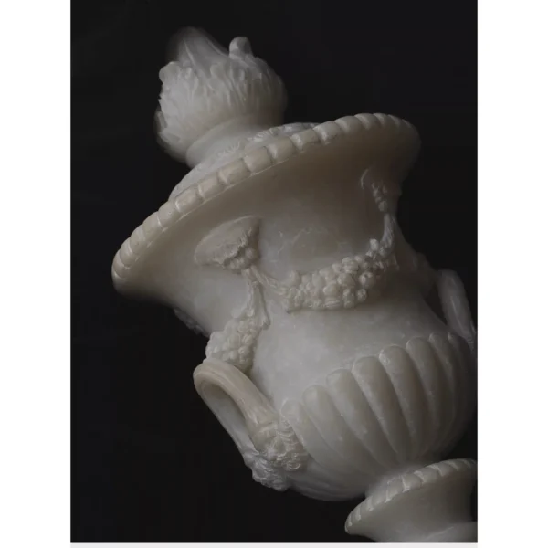 Jade-Effect Neoclassical Carved Lidded Urn with Lotus Finial in ivory — in a room setting