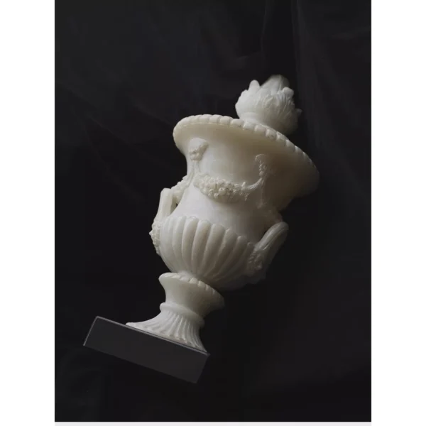 Jade-Effect Neoclassical Carved Lidded Urn with Lotus Finial in ivory — in a room setting