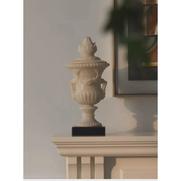 Jade-Effect Neoclassical Carved Lidded Urn with Lotus Finial in ivory — in a room setting