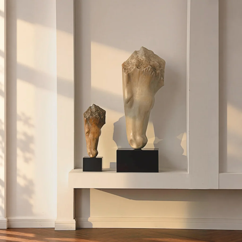 Jade-Effect Horse Head Fragment Sculptures on Black Bases in oatmeal — front view