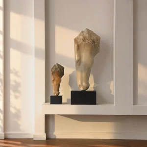 Jade-Effect Horse Head Fragment Sculptures on Black Bases in oatmeal — front view