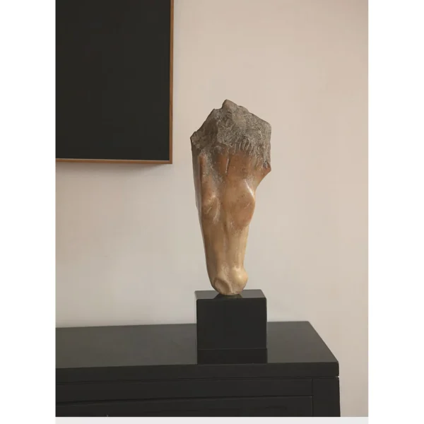 Jade-Effect Horse Head Fragment Sculptures on Black Bases in oatmeal — in a room setting