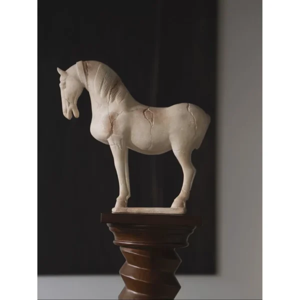 Jade-Effect Crackled Horse Sculpture on Base in oatmeal — in a room setting