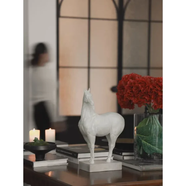 Jade-Effect White Standing Horse Sculpture in ivory — in a room setting