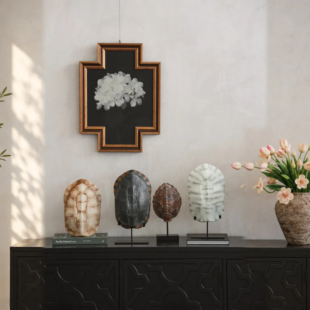 Hand-Painted Faux Tortoise Shell Ornaments in clay — front view