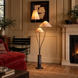 Felden Three-Shade Floor Lamp on Rosso Marble Base in oatmeal — front view