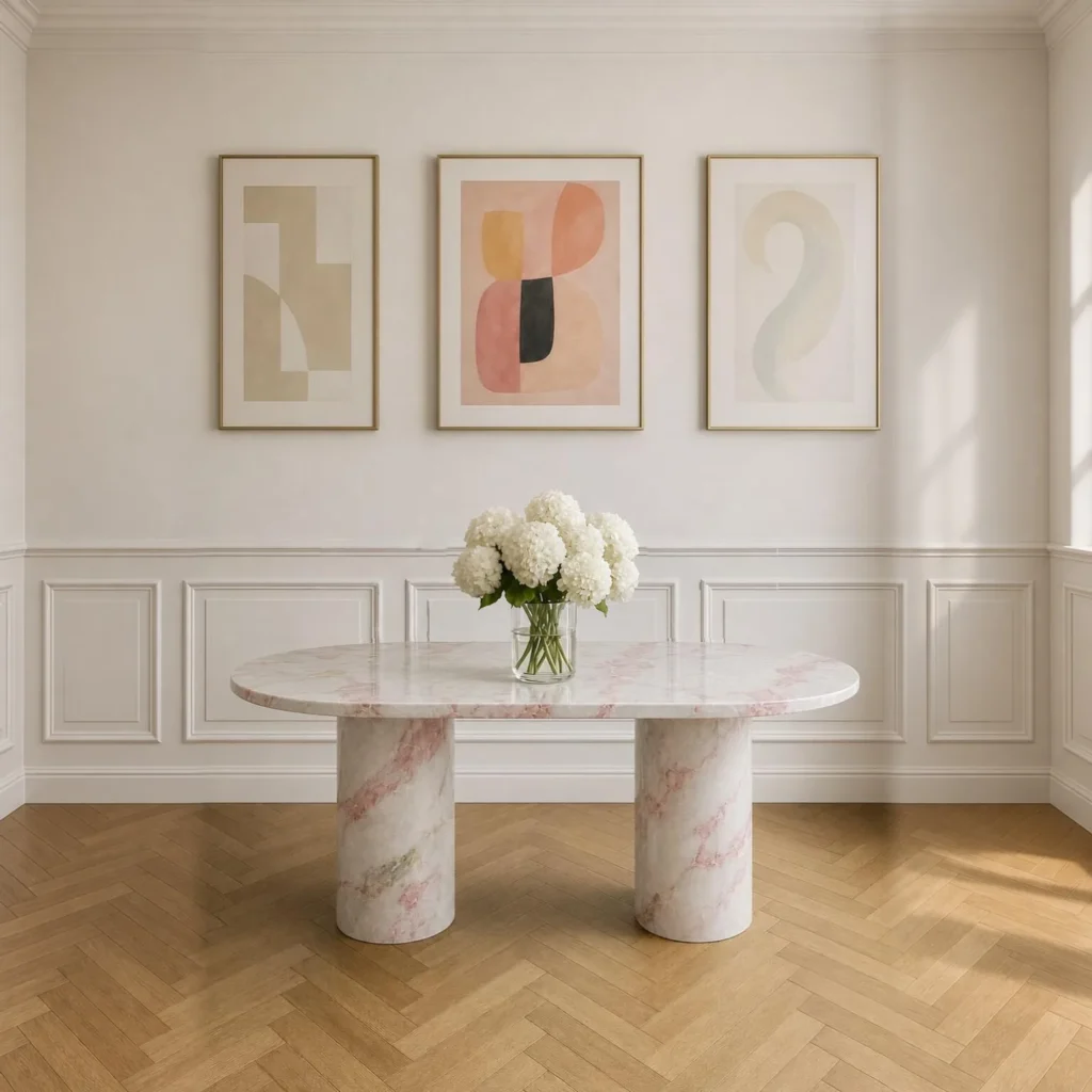 Soft Pink Marble Oval Dining Table on Column Legs in rose stone — front view