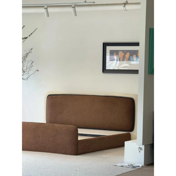 Cloud Curved Fabric-Wrapped Bed in Chocolate — in a room setting