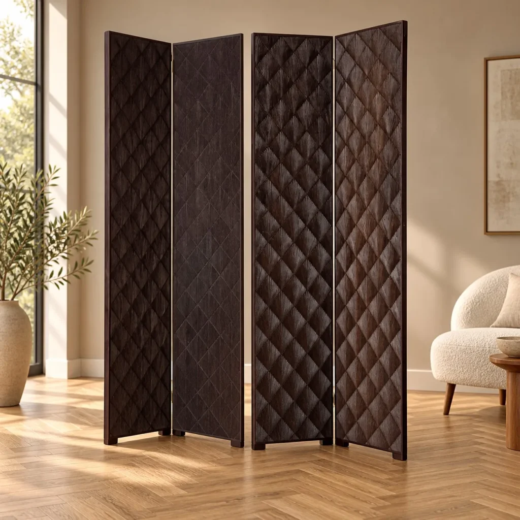 Seamless Quilted Panel Folding Screen in Dark Brown — front view