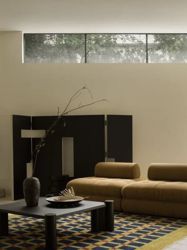 Seamless Quilted Panel Folding Screen in Dark Brown — in a room setting