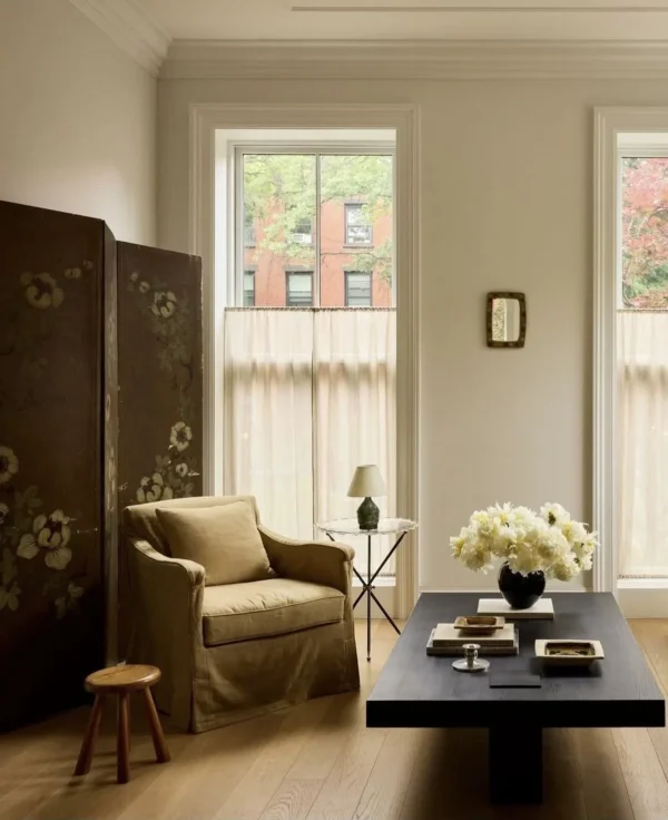 Seamless Quilted Panel Folding Screen in Dark Brown — in a room setting