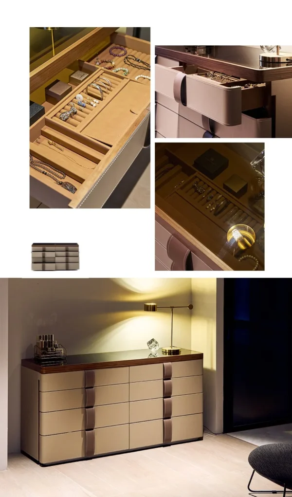 Eight-Drawer Jewellery Chest in Taupe Saddle Leather — in a room setting