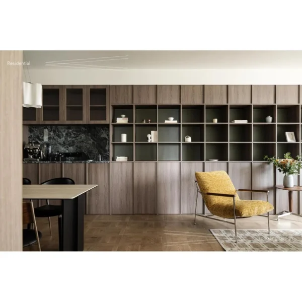 Fika Lounge Chair in Ginger Yellow Fabric on Steel Frame — in a room setting