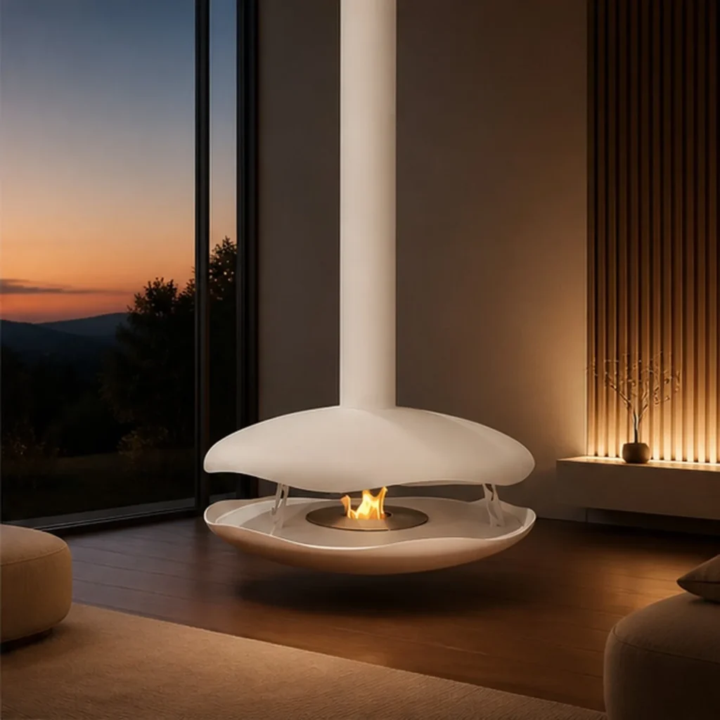 Fillmore Suspended Disc Fireplace in White, 70 cm — front view