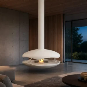Fillmore Suspended Disc Fireplace in White, 70 cm — in a room setting